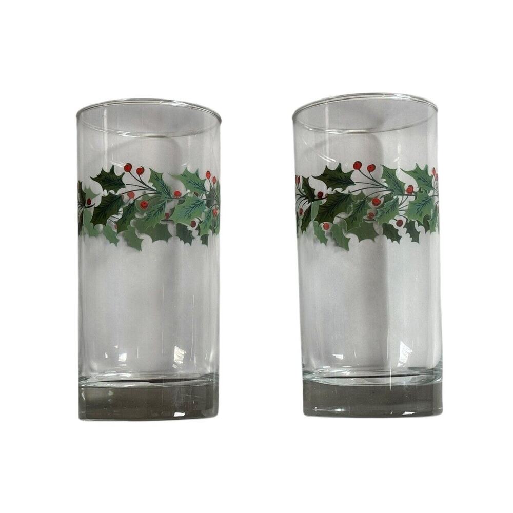 VTG Christmas Holly Glasses (2) Holiday Libbey Barware Festive Gathering NEW
